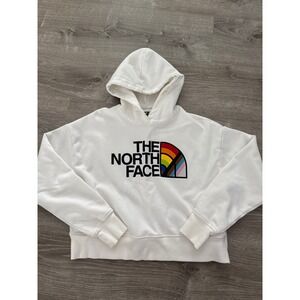 The North Face White Rainbow Pride Logo Cropped Hoodie Women Small Pockets